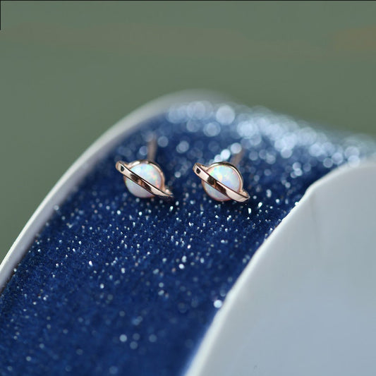 White Opal Saturn Stud Earrings- Gold - Amber House 