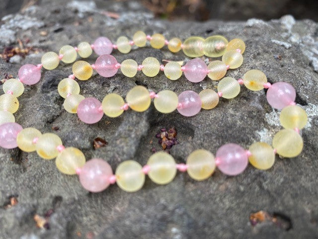 Rose Quartz and lemon amber necklace - Amber House 