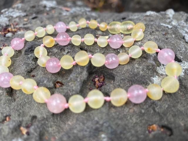 Rose quartz and Amber Teething Necklace Amber House