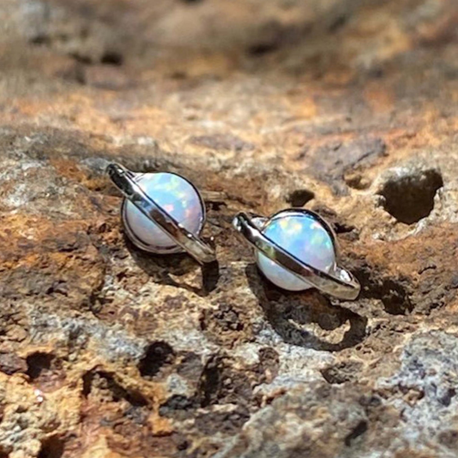 White Opal Saturn Stud Earrings - Silver - Amber House 