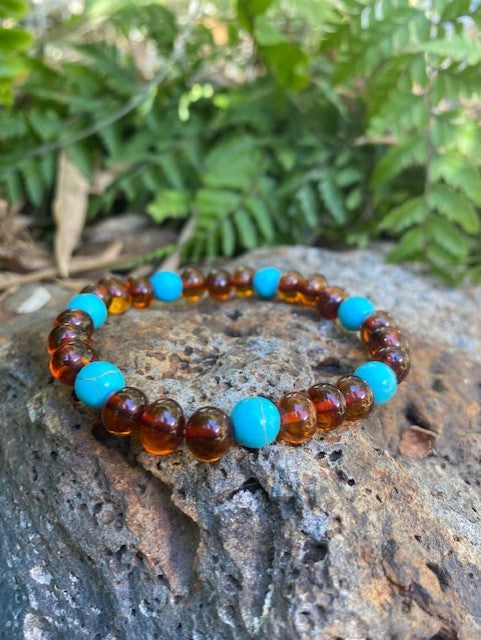 Cognac Amber and Turquoise  Bracelet - Amber House 