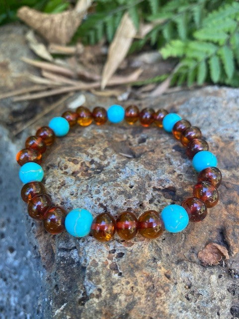 Men's Cognac Amber and Turquoise  Bracelet - Amber House 